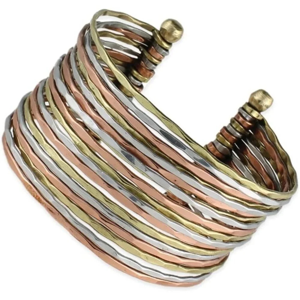 Women's Hammered Bunch Mixed Metal Copper Base No Clasp Cuff Bracelet